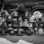 Riders fire-fighter gear stacked up.